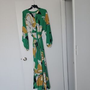 Green and Cream Wrap Sundress with Bishop Sleeves